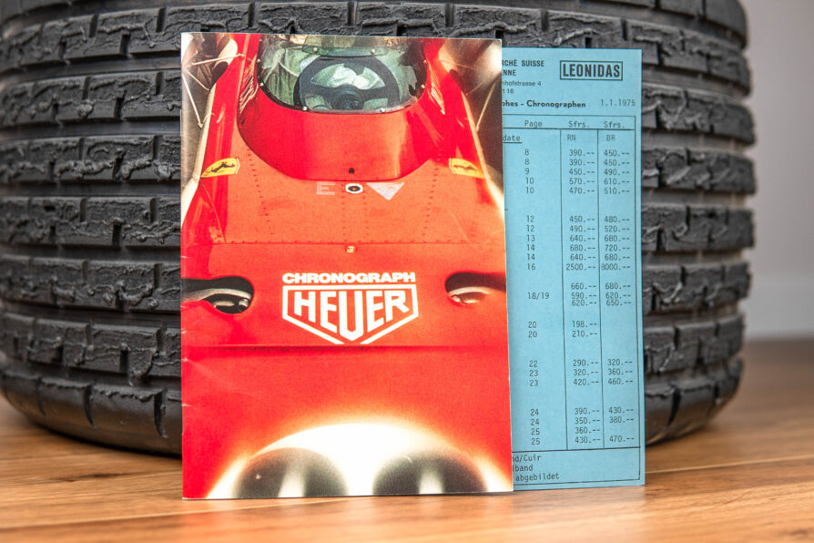 1975` brochure Heuer Chronographs + price list Monaco / Carrera / Autavia etc.